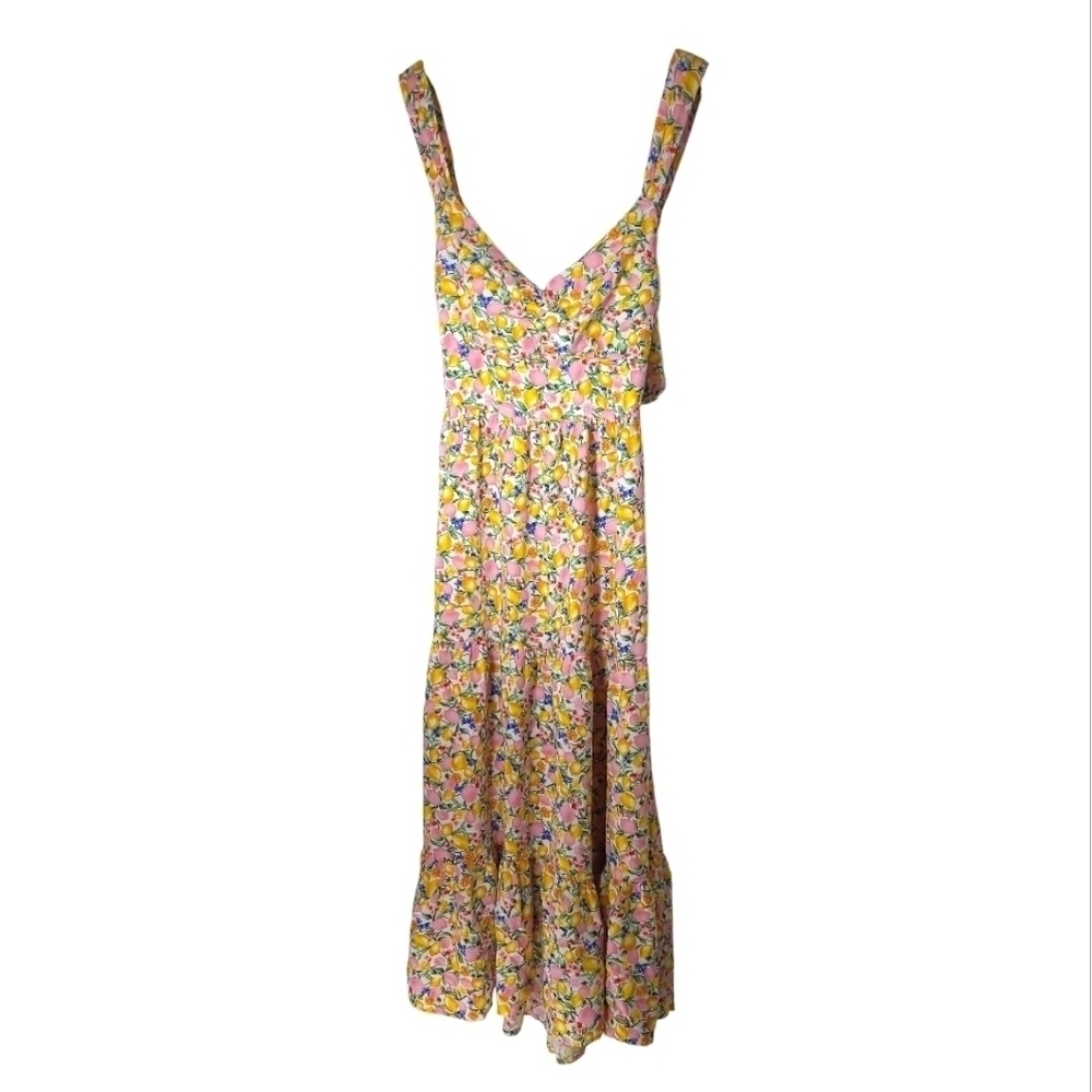 Lemon Floral Cottagecore Ruffle Midi Sundress Tie Front Medium